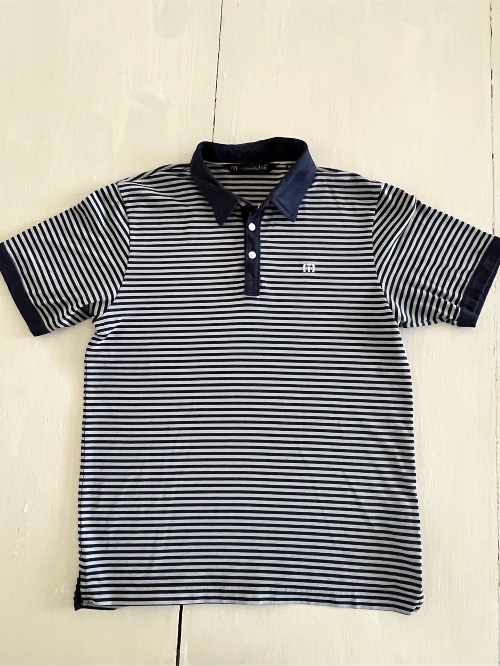 TravisMathew Men’s Navy Gray Striped Performance Golf Polo cotton blend Size M